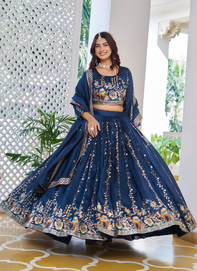 Classic Blue Vichitra Silk Thread Embroidery Work Wedding Wear Lehenga