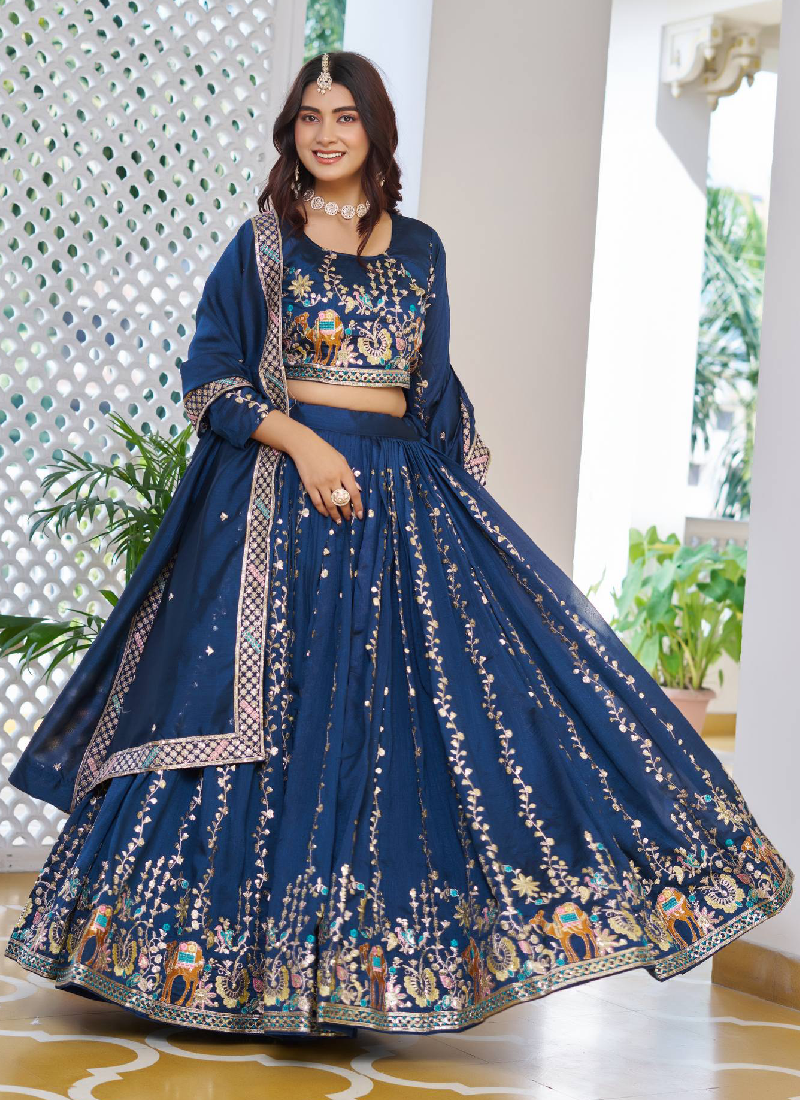 Classic Blue Vichitra Silk Thread Embroidery Work Wedding Wear Lehenga
