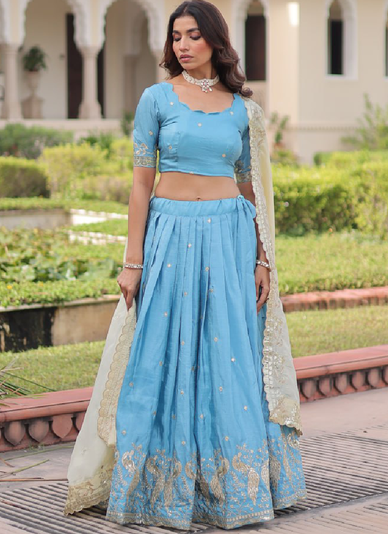Classic Sky Blue Gold Crush Sequence Embroidered Wedding Lehenga Choli