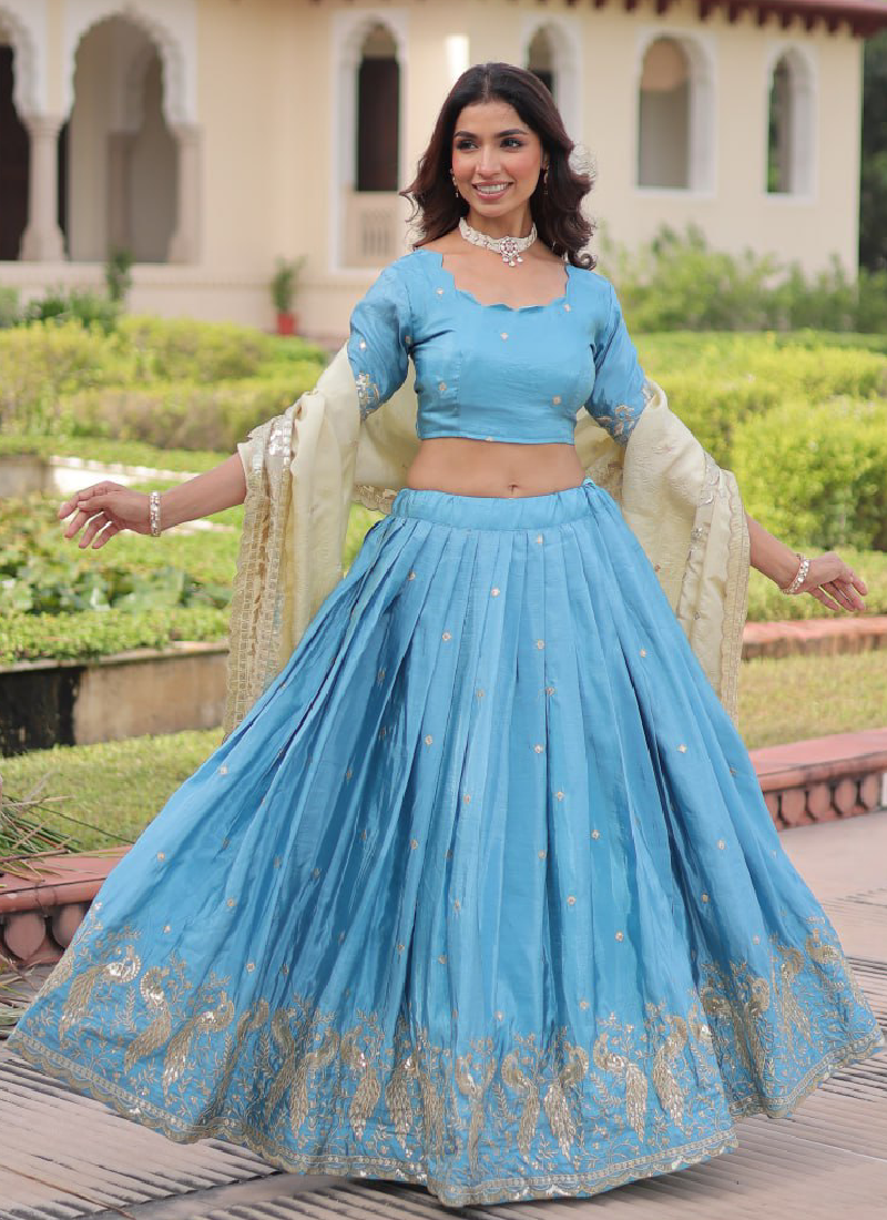 Classic Sky Blue Gold Crush Sequence Embroidered Wedding Lehenga Choli