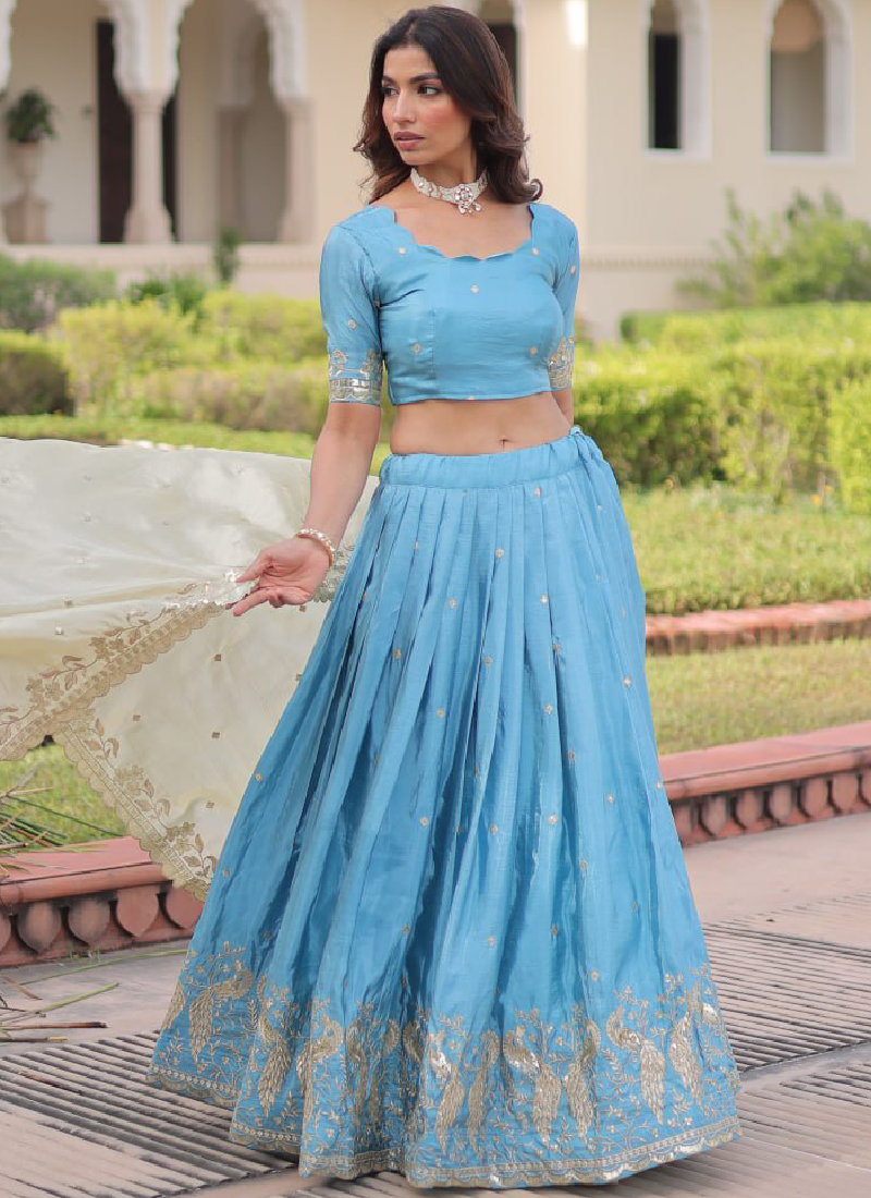 Classic Sky Blue Gold Crush Sequence Embroidered Wedding Lehenga Choli