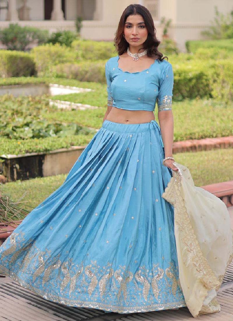 Classic Sky Blue Gold Crush Sequence Embroidered Wedding Lehenga Choli