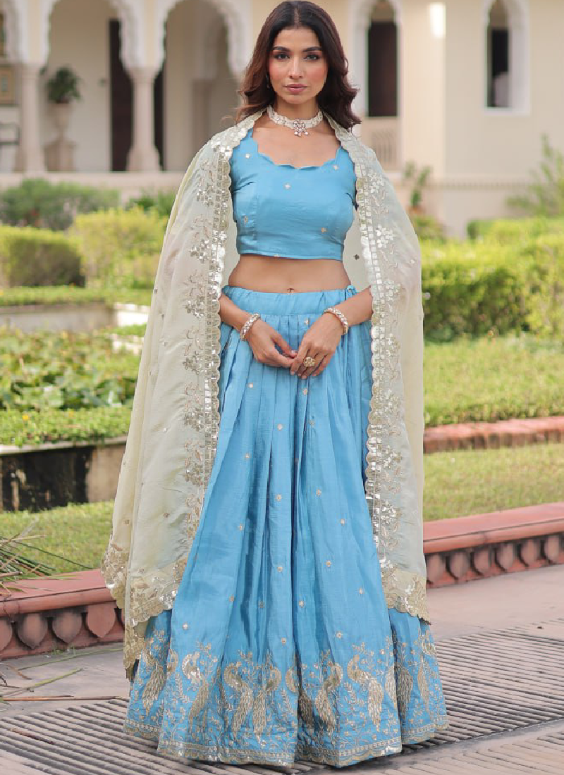 Classic Sky Blue Gold Crush Sequence Embroidered Wedding Lehenga Choli