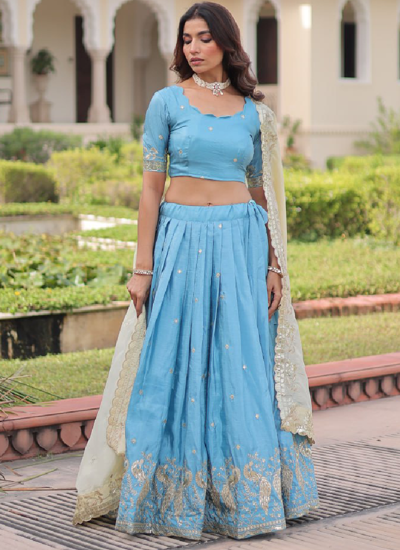 Classic Sky Blue Gold Crush Sequence Embroidered Wedding Lehenga Choli