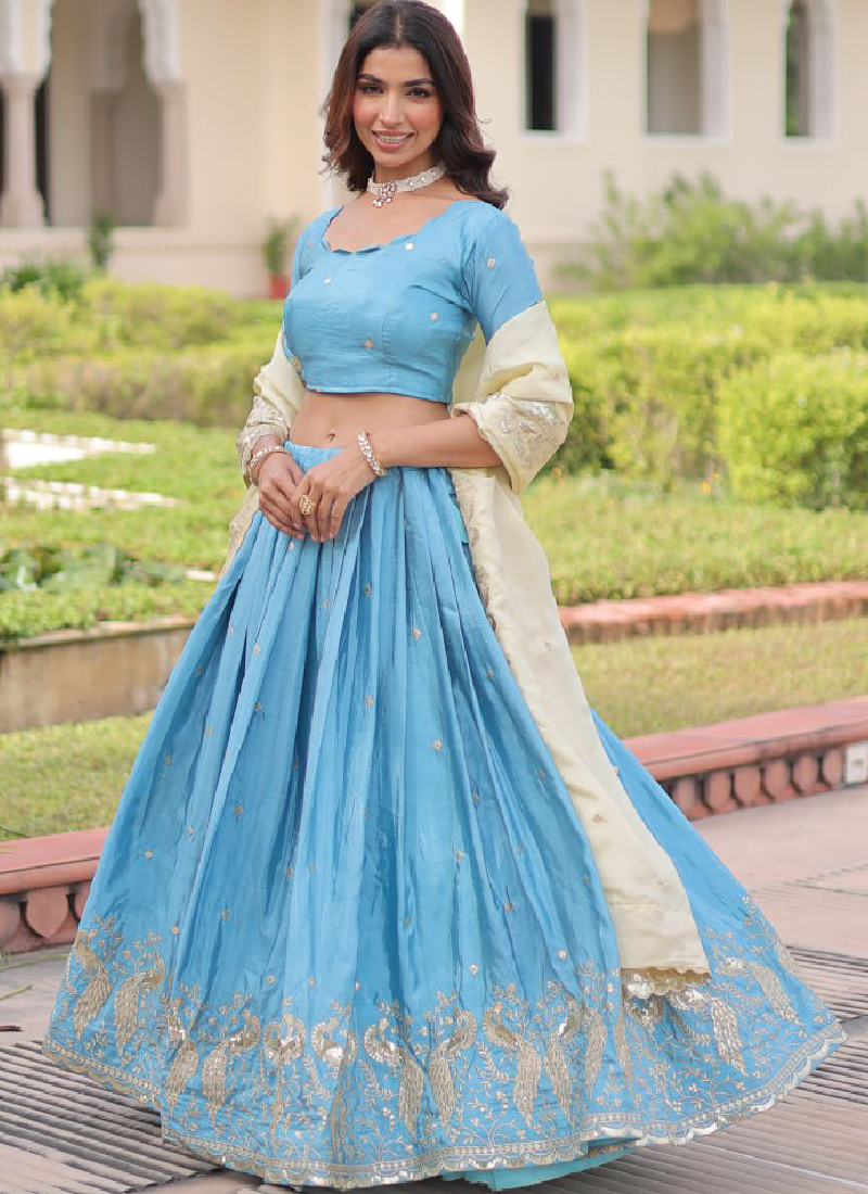 Classic Sky Blue Gold Crush Sequence Embroidered Wedding Lehenga Choli