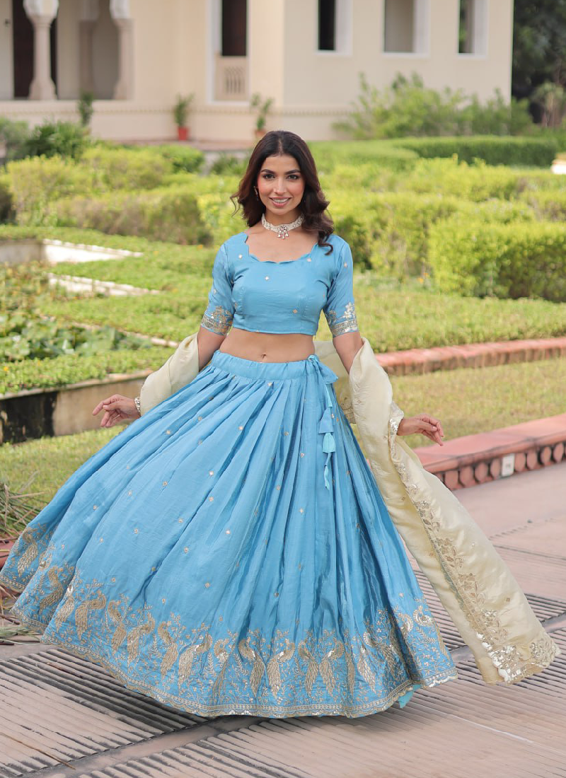 Classic Sky Blue Gold Crush Sequence Embroidered Wedding Lehenga Choli