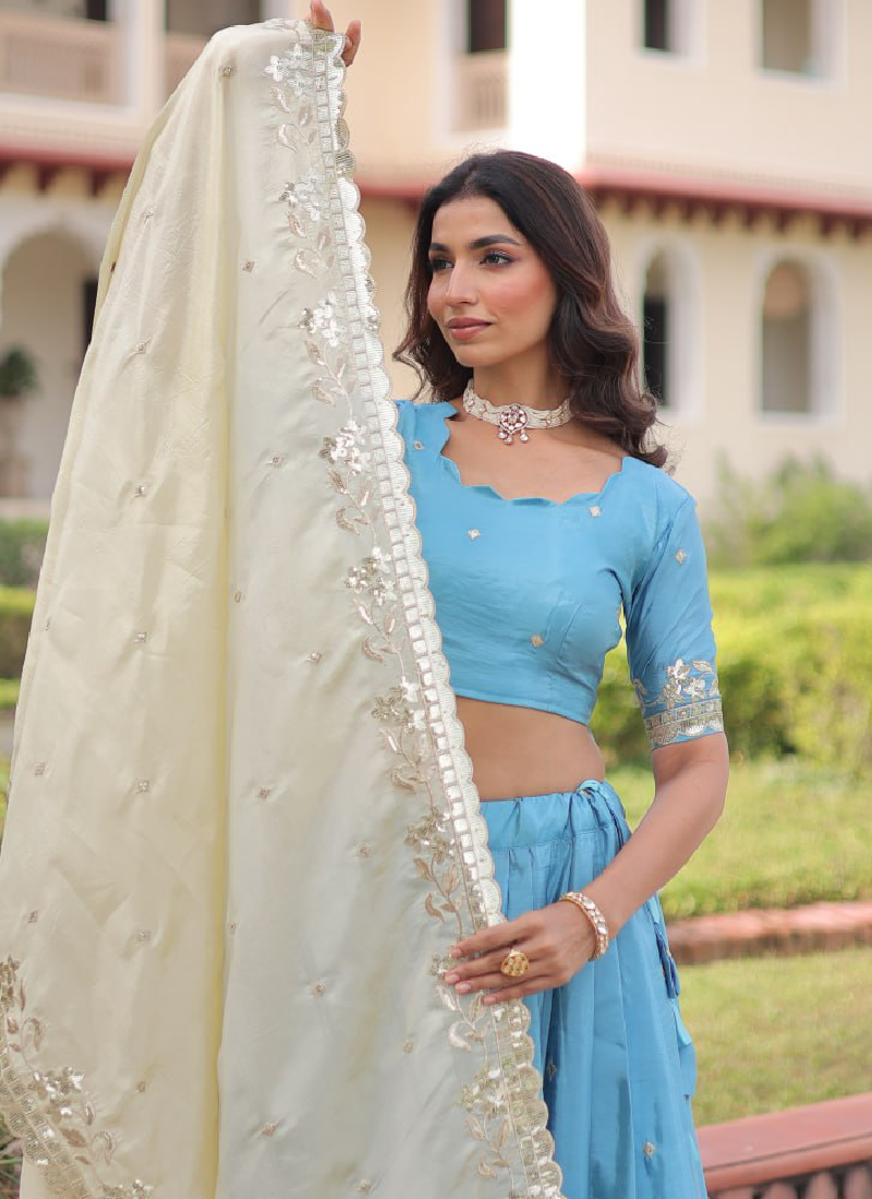 Classic Sky Blue Gold Crush Sequence Embroidered Wedding Lehenga Choli