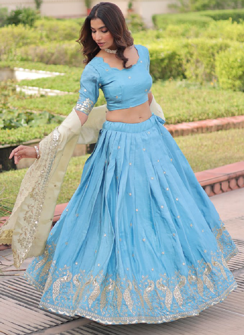 Classic Sky Blue Gold Crush Sequence Embroidered Wedding Lehenga Choli