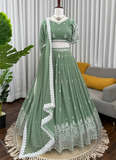 Classical Pista Green Thread Embroidered Georgette Lehenga Choli
