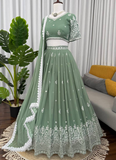 Classical Pista Green Thread Embroidered Georgette Lehenga Choli