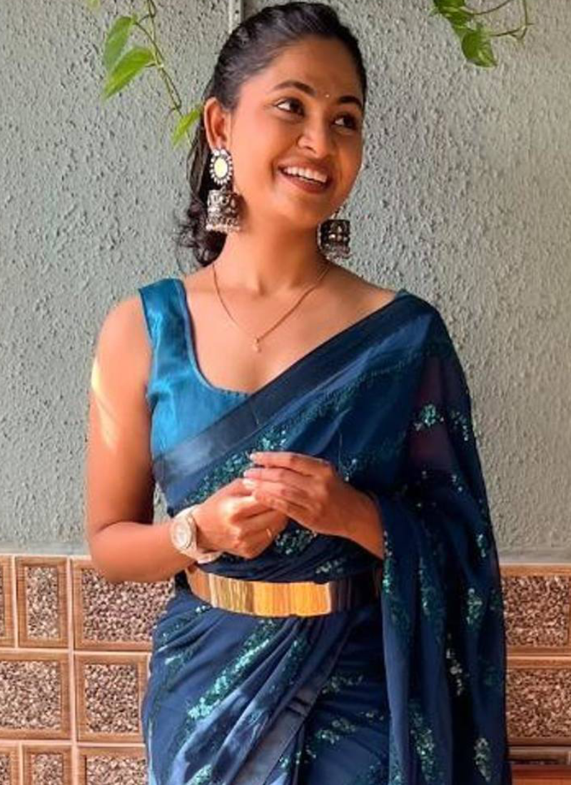 Classical Teal Blue Sequence Work Georgette Party Wear Saree