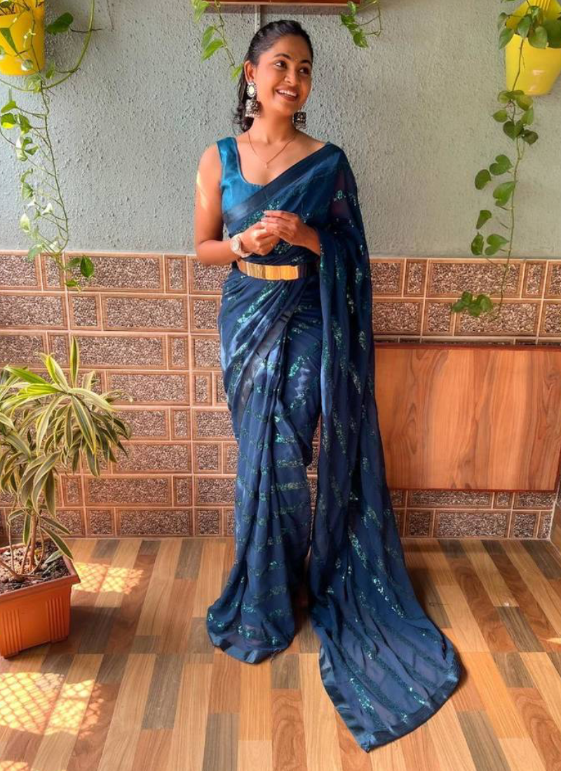 Classical Teal Blue Sequence Work Georgette Party Wear Saree