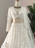 Classical Thread Embroidered Net Engagement White Lehenga Choli