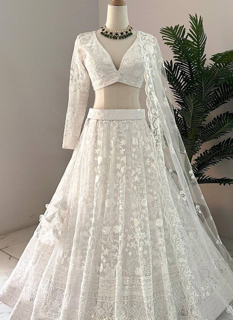 Classical Thread Embroidered Net Engagement White Lehenga Choli