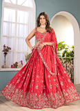 Classical Coding Embroidered Chinon Red Party Wear Lehenga Choli Set
