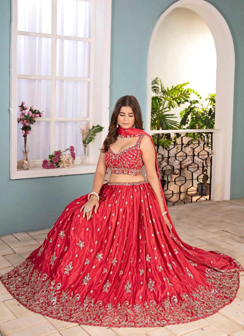 Classical Coding Embroidered Chinon Red Party Wear Lehenga Choli Set