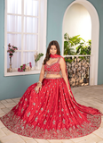 Classical Coding Embroidered Chinon Red Party Wear Lehenga Choli Set