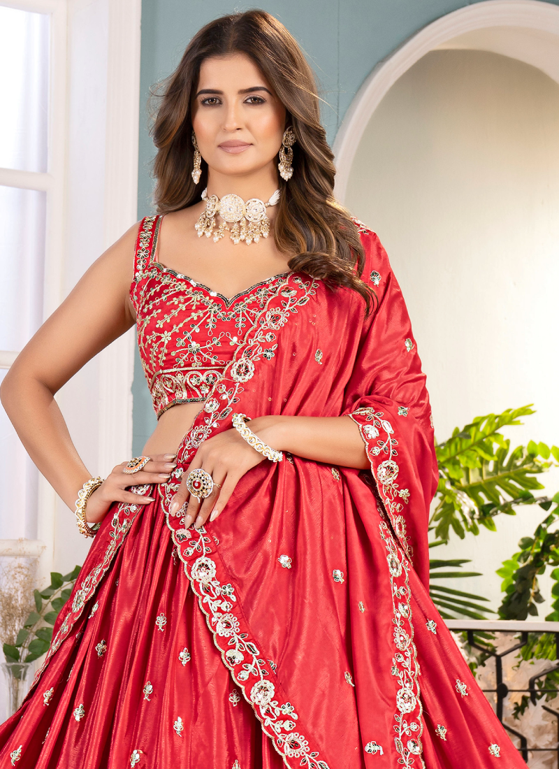 Classical Coding Embroidered Chinon Red Party Wear Lehenga Choli Set
