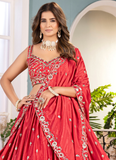Classical Coding Embroidered Chinon Red Party Wear Lehenga Choli Set