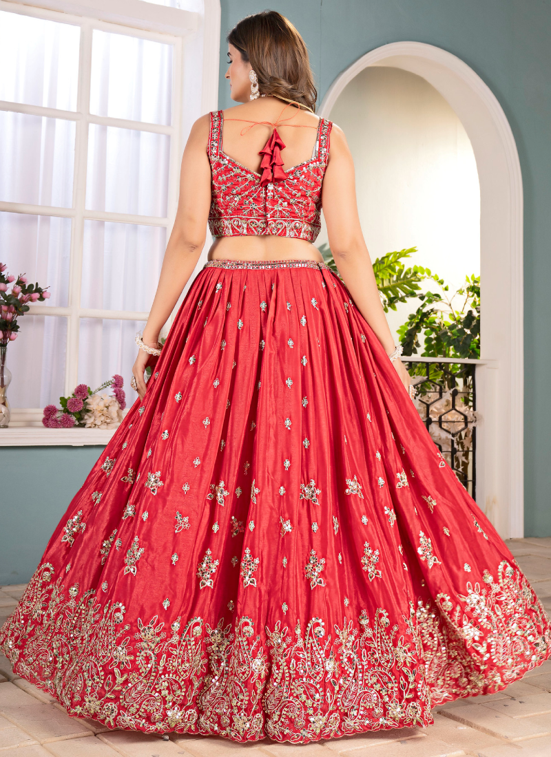 Classical Coding Embroidered Chinon Red Party Wear Lehenga Choli Set