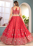 Classical Coding Embroidered Chinon Red Party Wear Lehenga Choli Set