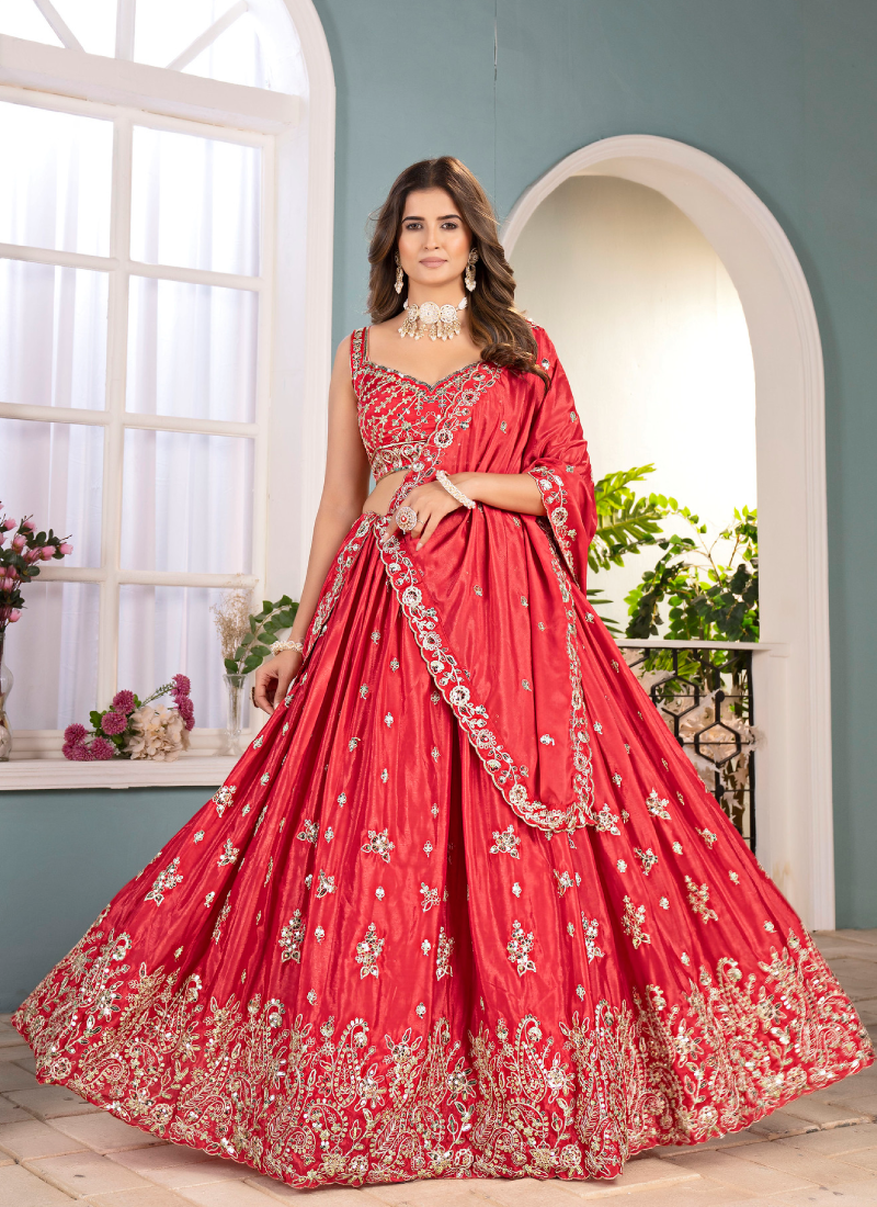 Classical Coding Embroidered Chinon Red Party Wear Lehenga Choli Set