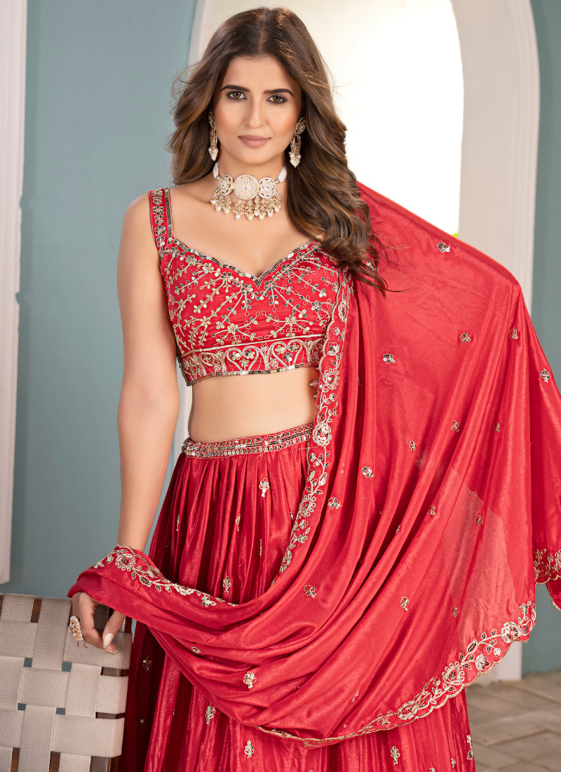 Classical Coding Embroidered Chinon Red Party Wear Lehenga Choli Set