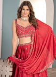 Classical Coding Embroidered Chinon Red Party Wear Lehenga Choli Set