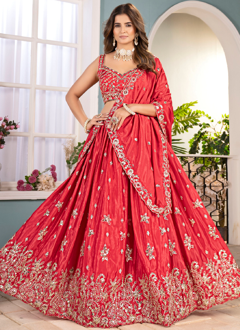 Classical Coding Embroidered Chinon Red Party Wear Lehenga Choli Set