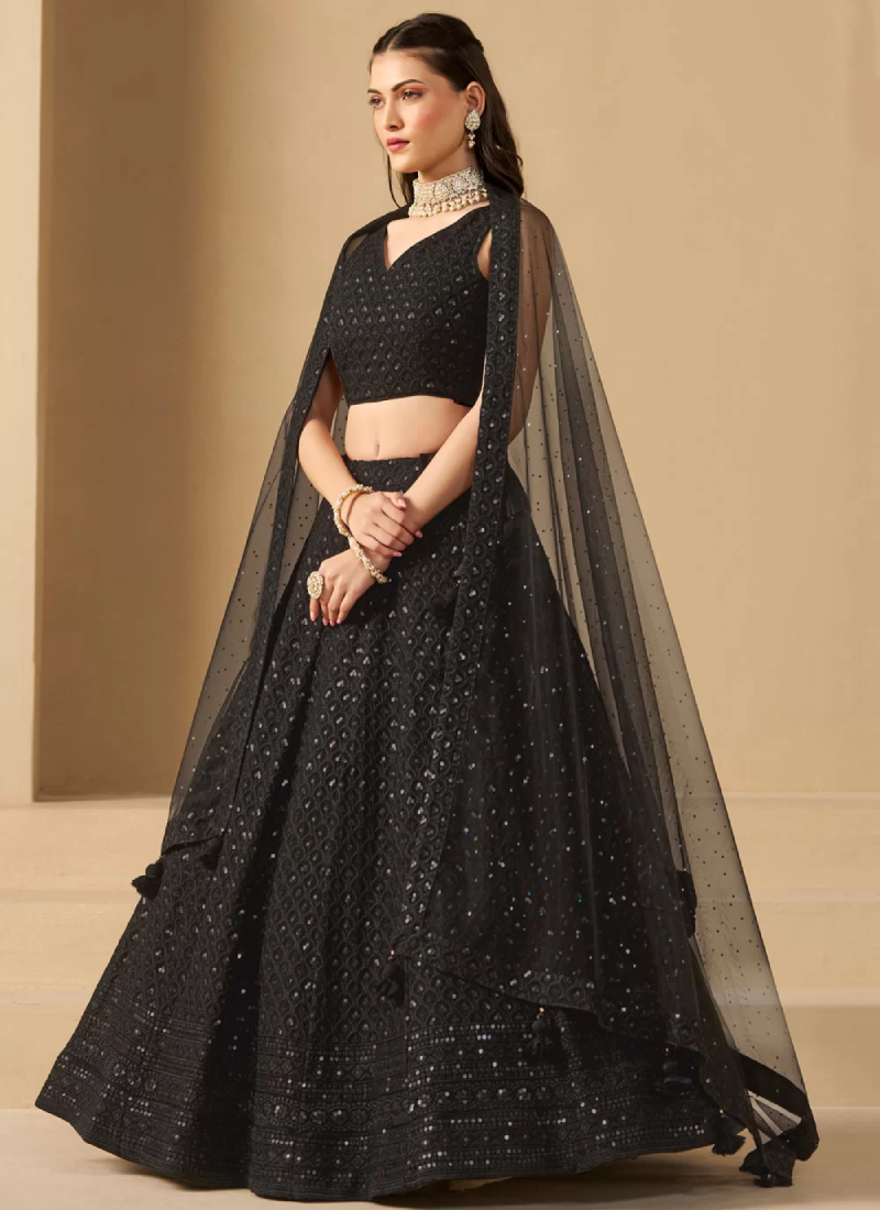 Classical Georgette Thread Embroidery Black Party Wear Lehenga Choli