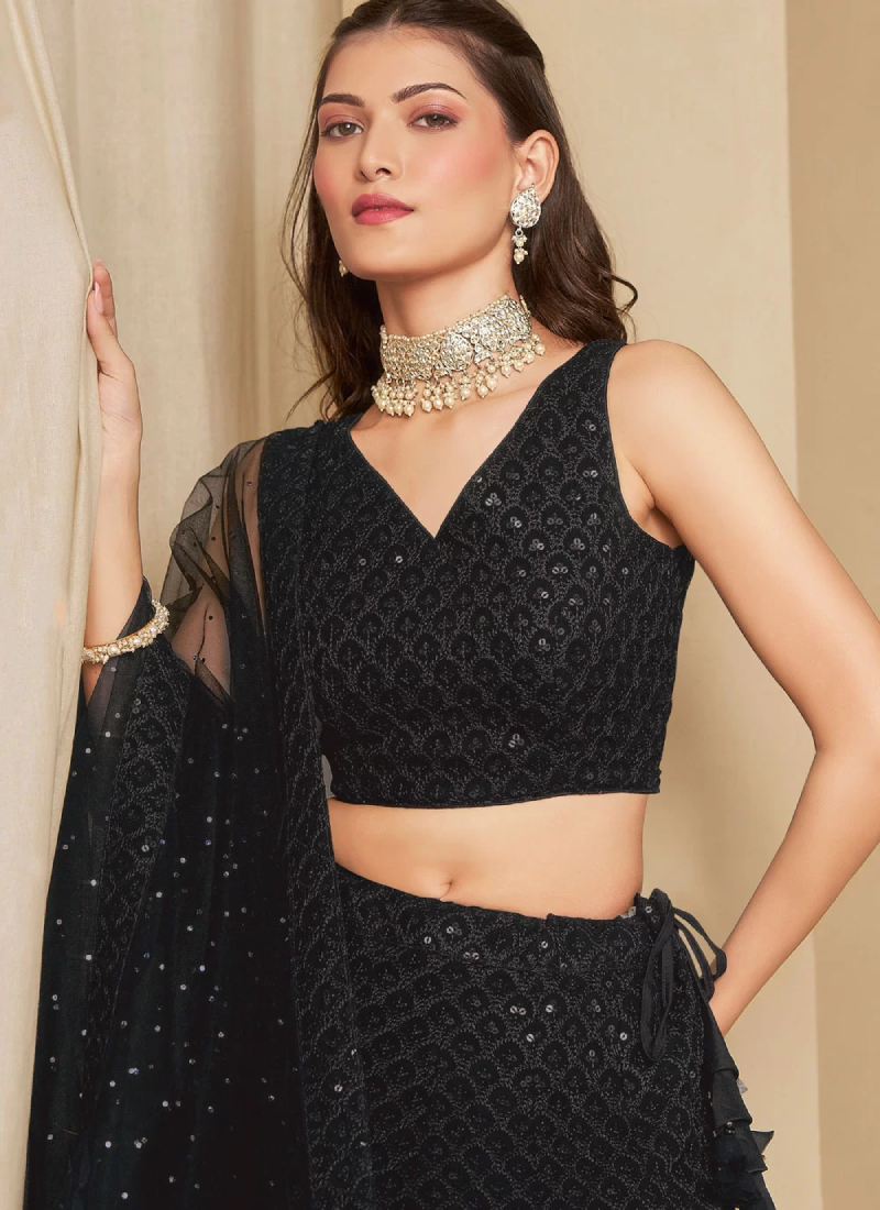 Classical Georgette Thread Embroidery Black Party Wear Lehenga Choli