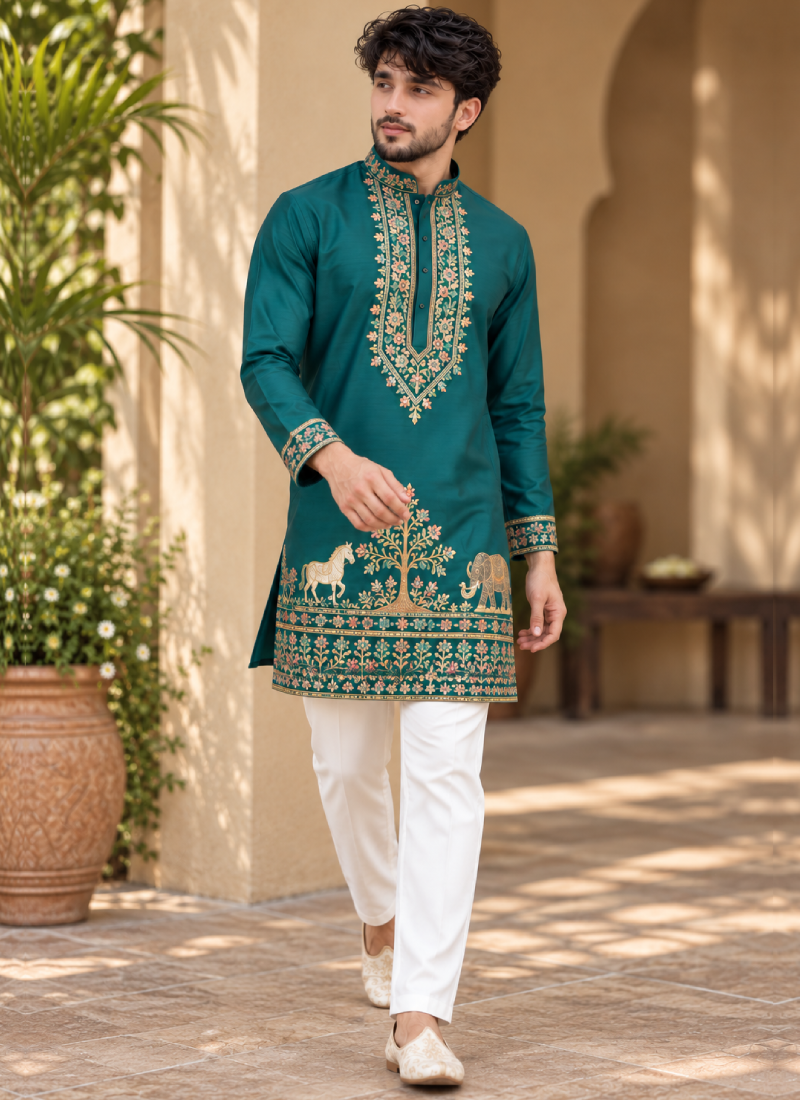Coach Silk Rama Green Sequence Embroidered Wedding Wear Men's Kurta