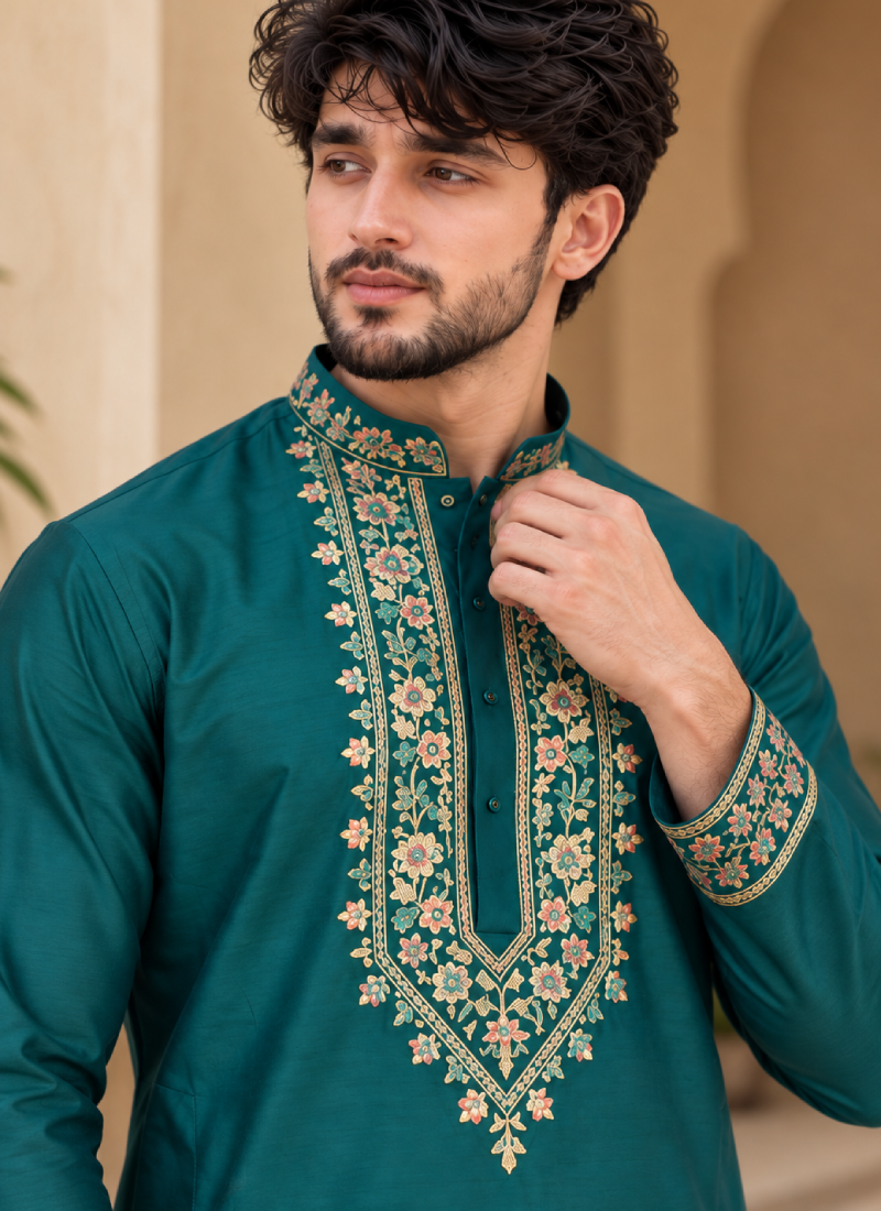 Coach Silk Rama Green Sequence Embroidered Wedding Wear Men's Kurta