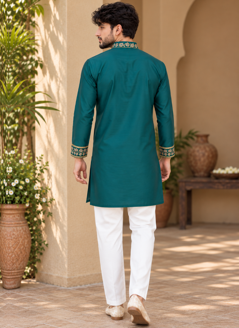 Coach Silk Rama Green Sequence Embroidered Wedding Wear Men's Kurta