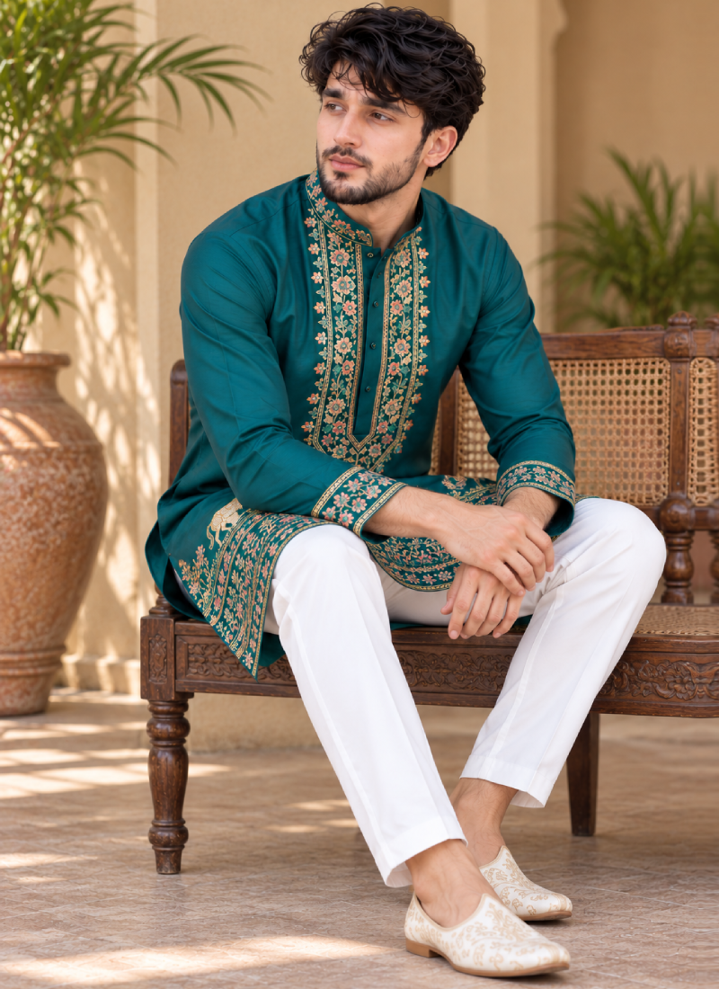 Coach Silk Rama Green Sequence Embroidered Wedding Wear Men's Kurta
