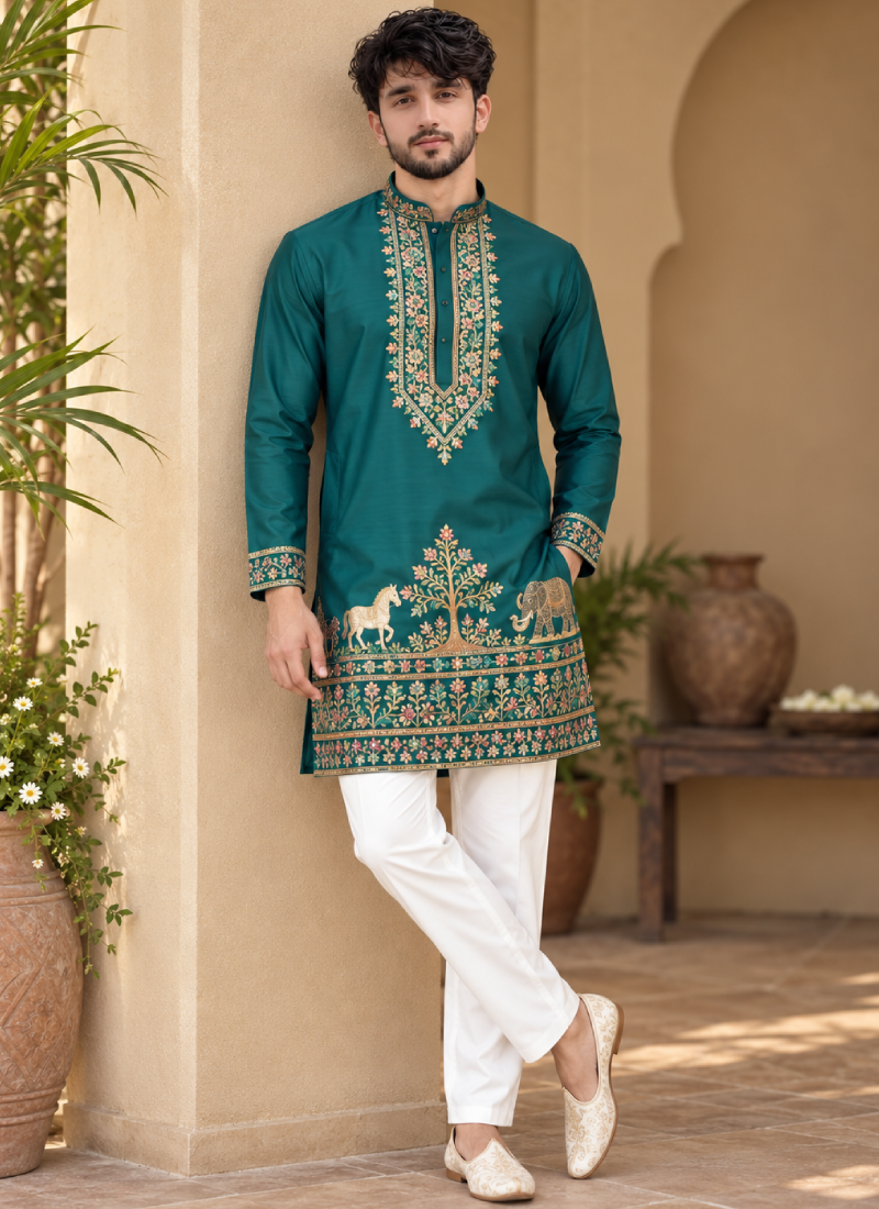 Coach Silk Rama Green Sequence Embroidered Wedding Wear Men's Kurta