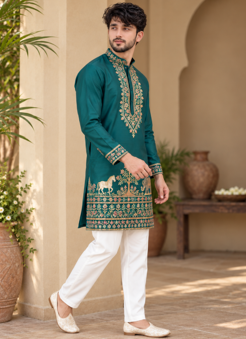 Coach Silk Rama Green Sequence Embroidered Wedding Wear Men's Kurta