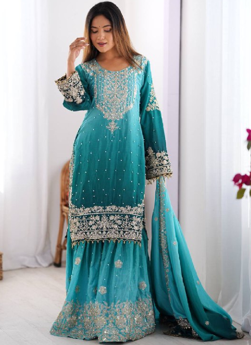 Coding Dori Embroidered Chinon Silk Sky Blue Sharara Set For Party