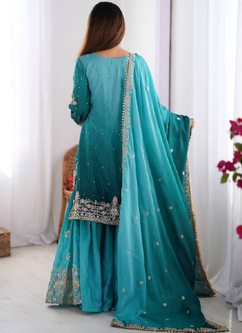 Coding Dori Embroidered Chinon Silk Sky Blue Sharara Set For Party