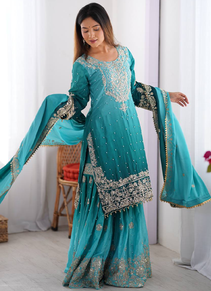 Coding Dori Embroidered Chinon Silk Sky Blue Sharara Set For Party