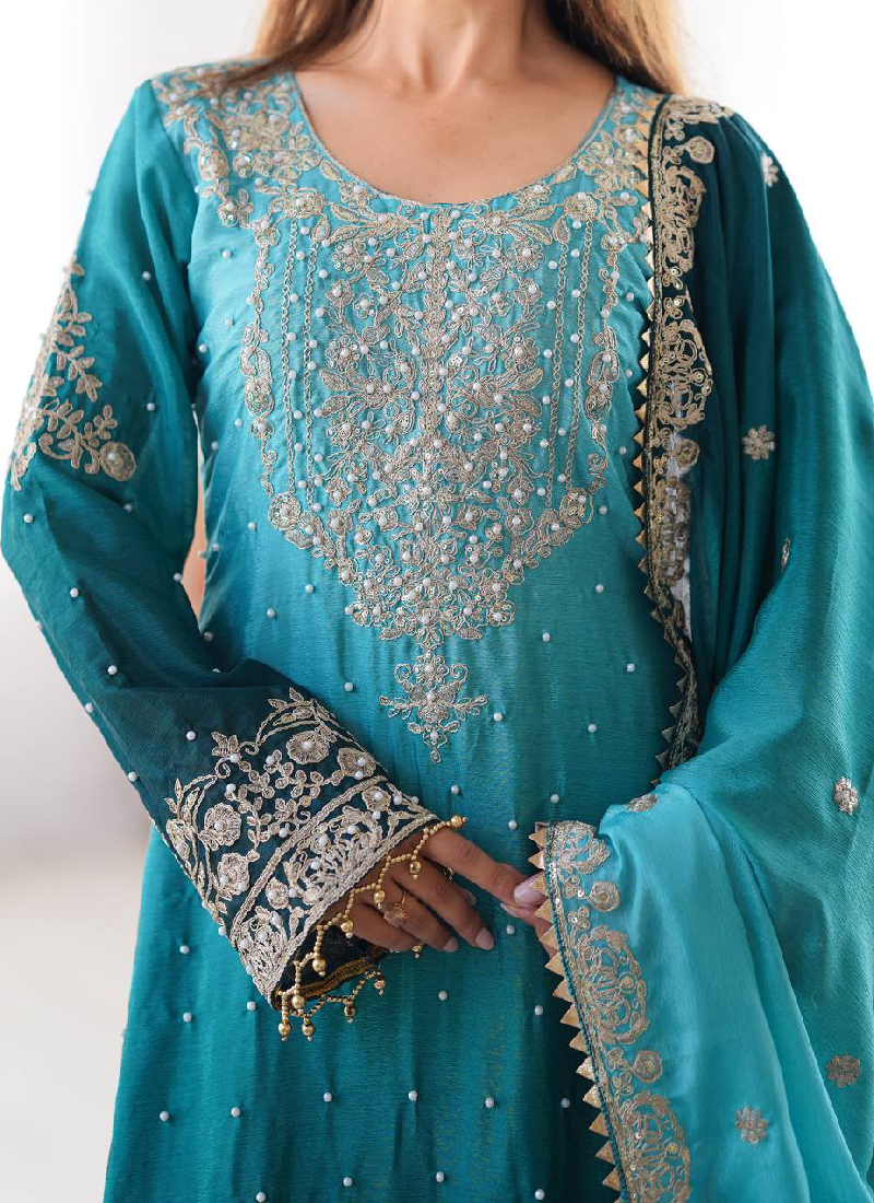 Coding Dori Embroidered Chinon Silk Sky Blue Sharara Set For Party