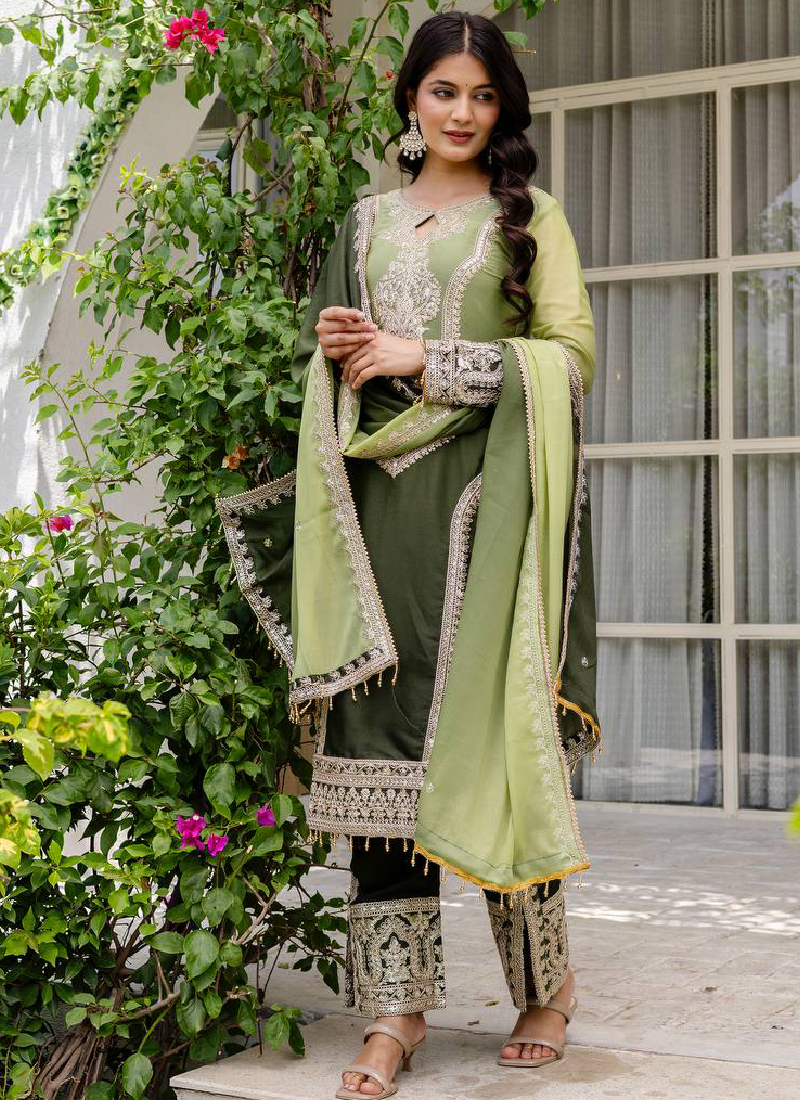 Coding Embroidery Work Georgette Parrot Green Pakistani Salwar Suit