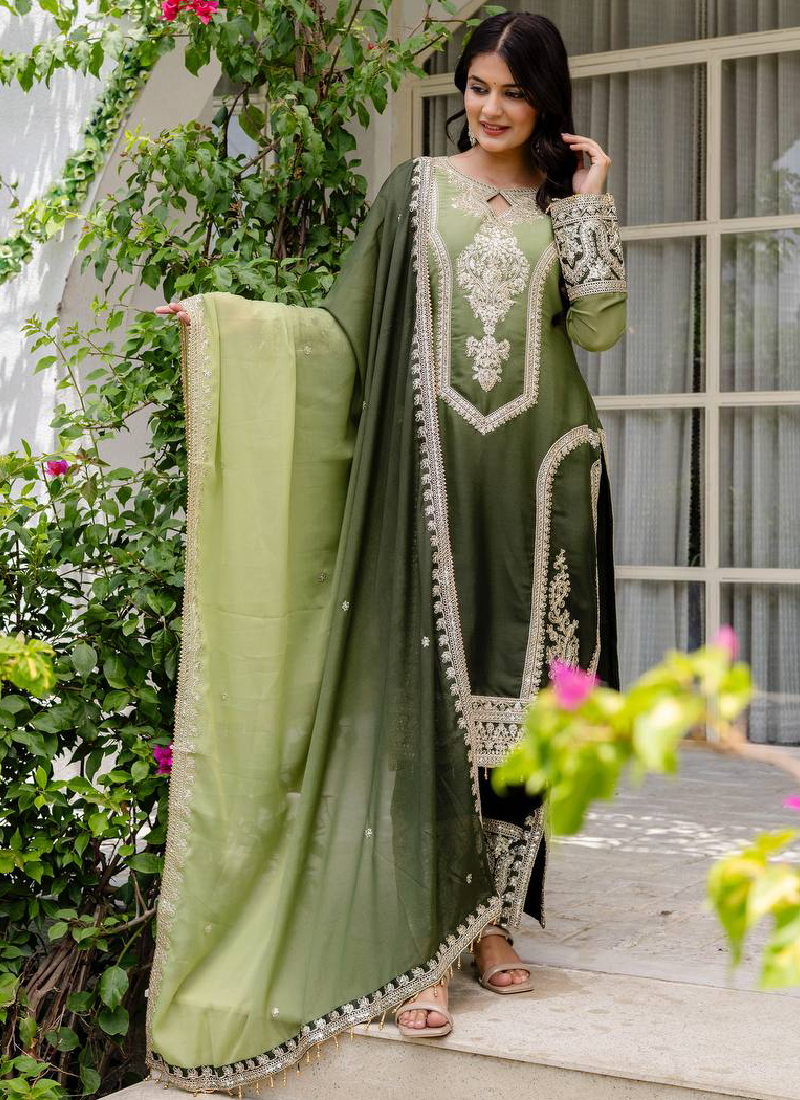 Coding Embroidery Work Georgette Parrot Green Pakistani Salwar Suit