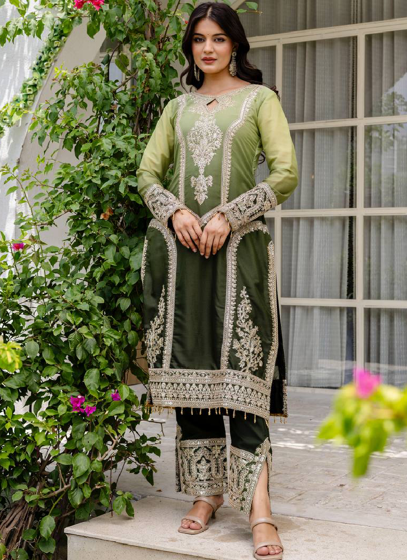 Coding Embroidery Work Georgette Parrot Green Pakistani Salwar Suit