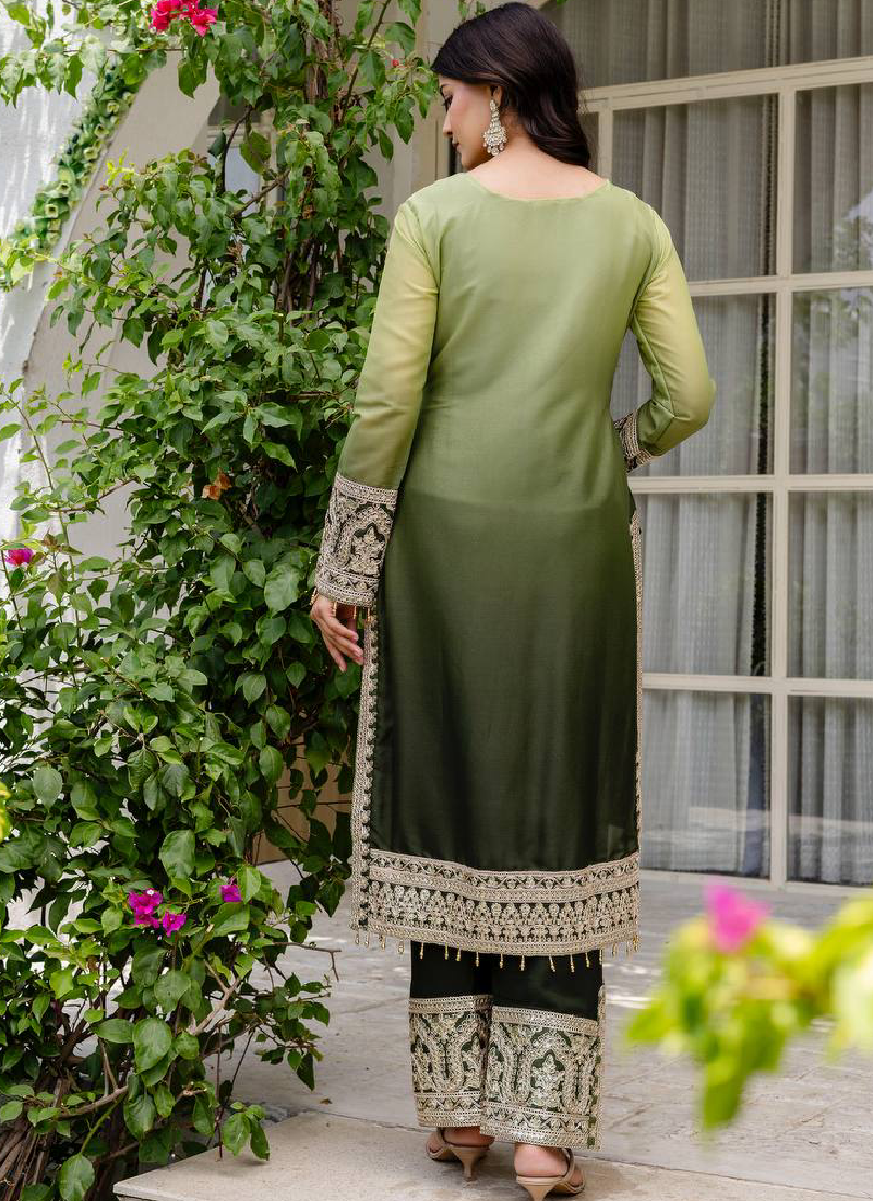 Coding Embroidery Work Georgette Parrot Green Pakistani Salwar Suit