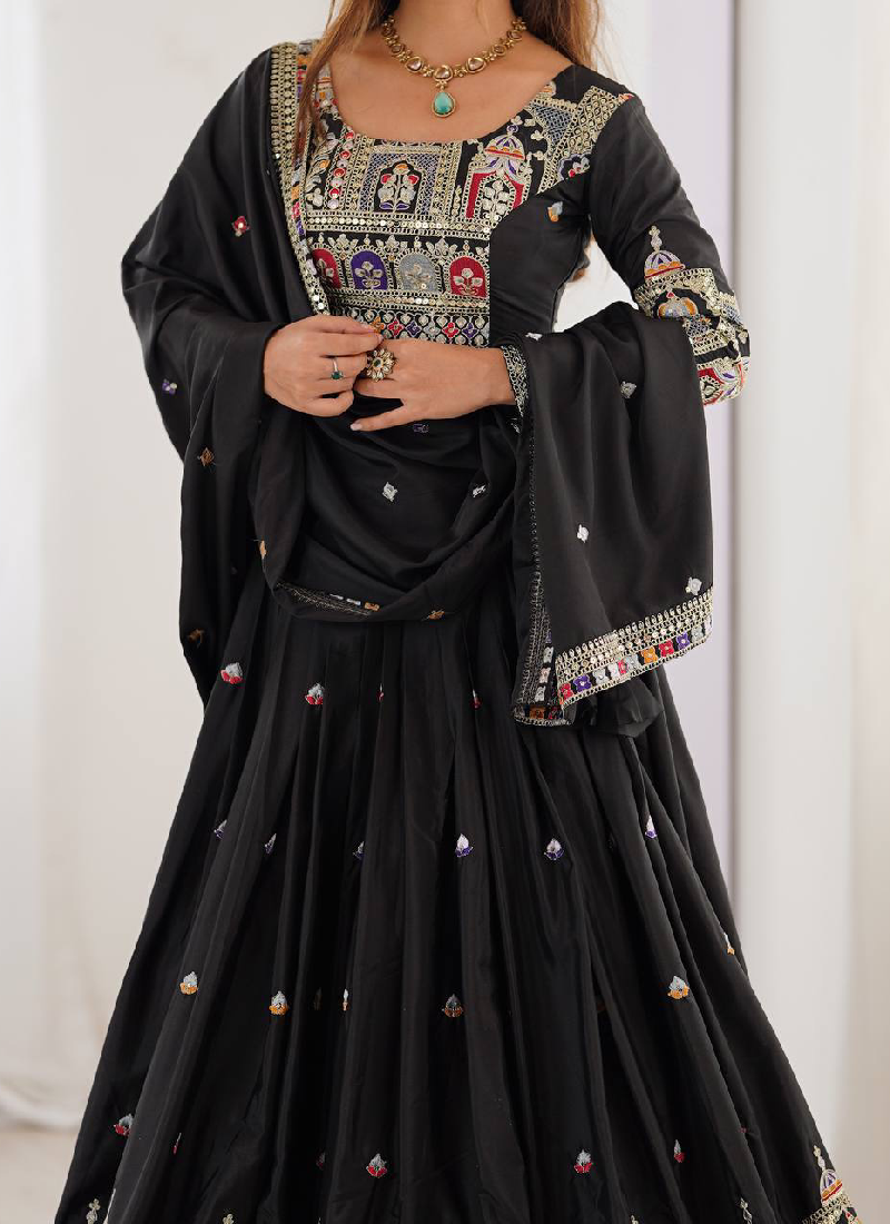 Coding Embroidery Silk Black Lehenga Choli For Party Function