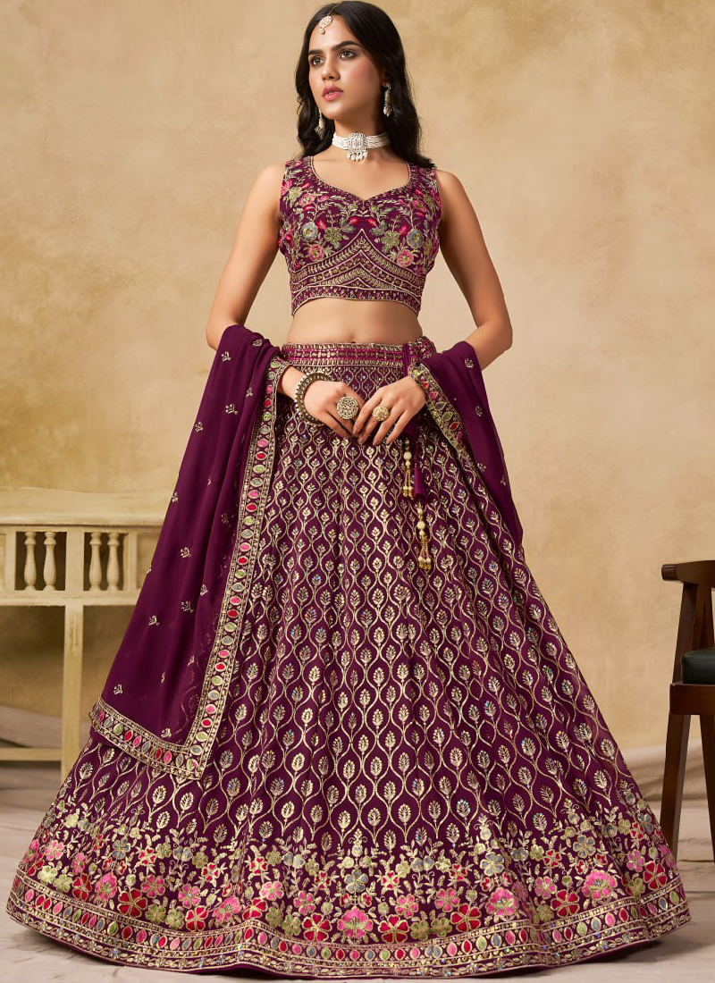 Comely Georgette Thread Embroidery Work Maroon Lehenga Choli For Women