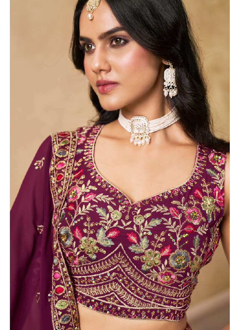 Comely Georgette Thread Embroidery Work Maroon Lehenga Choli For Women