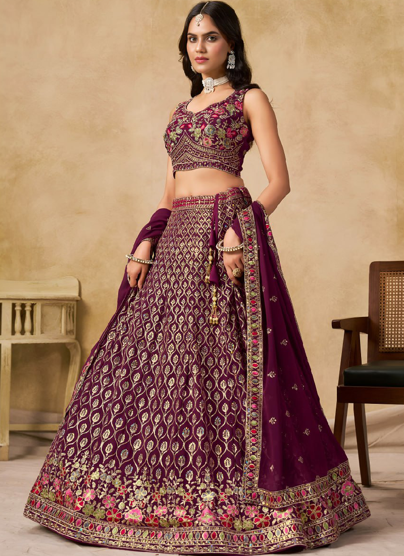 Comely Georgette Thread Embroidery Work Maroon Lehenga Choli For Women