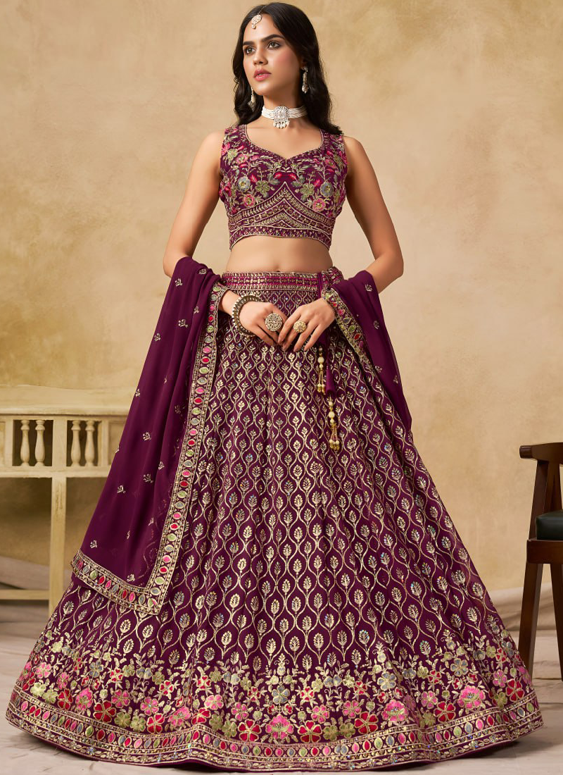 Comely Georgette Thread Embroidery Work Maroon Lehenga Choli For Women